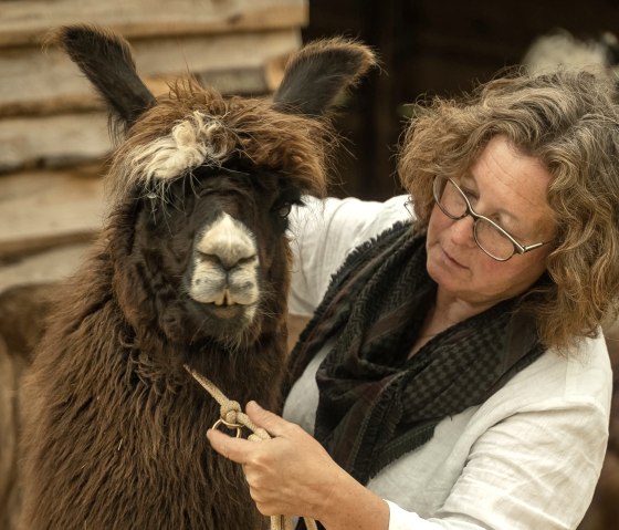Julietta Baums bei der Pflege einer ihrer Lamas, © nomad